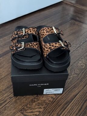 Marc Fisher Augustaly Leopard-Print Double Buckle Slide Sandals in Brown & Black